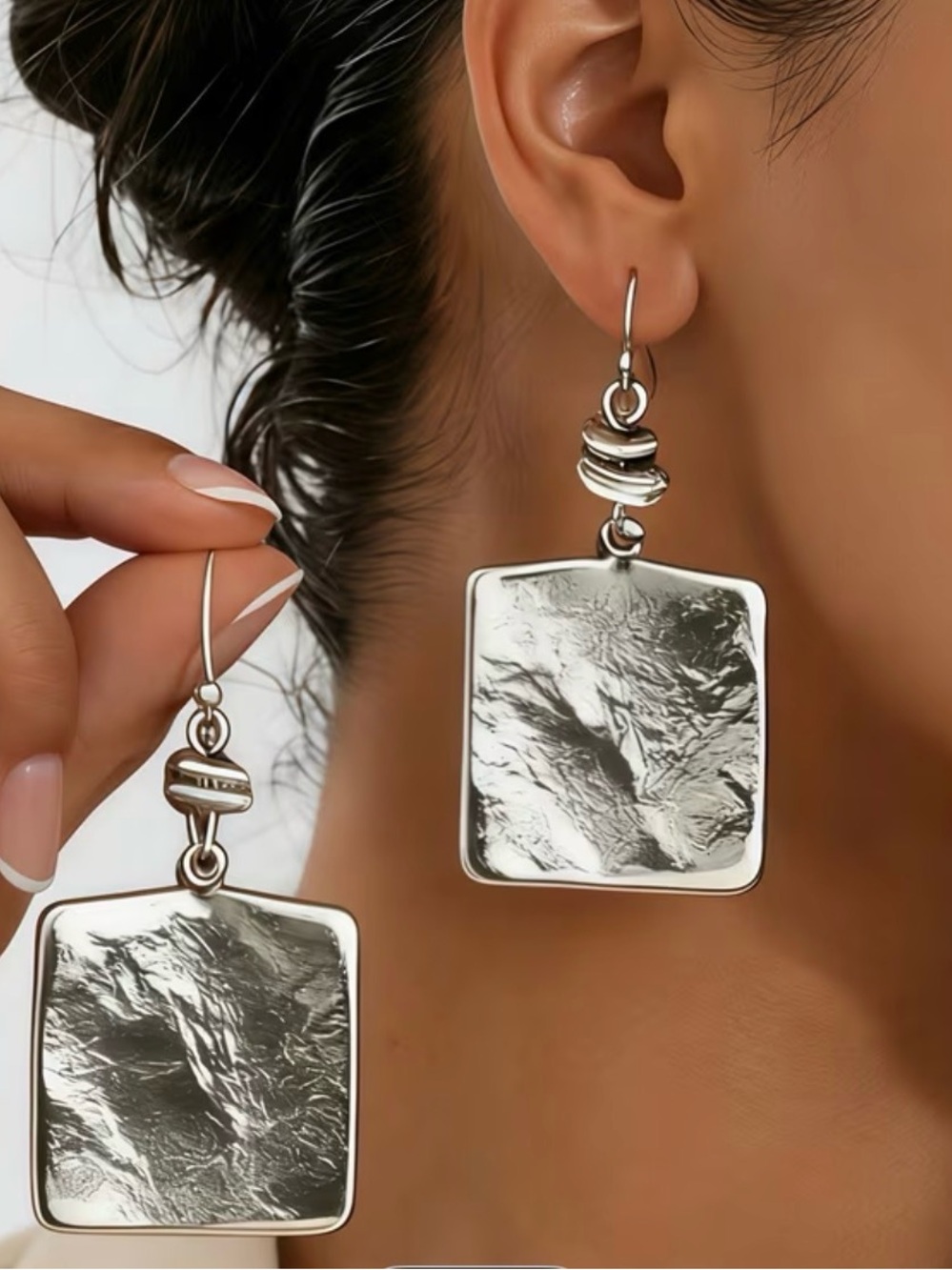 Silver Textured Square Drop Earrings - Women Jewelry